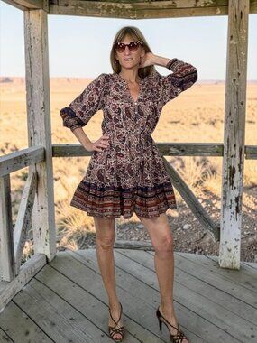 Cleobella Reign Mini Dress XS Laurel Block Print Floral Paisley Pockets